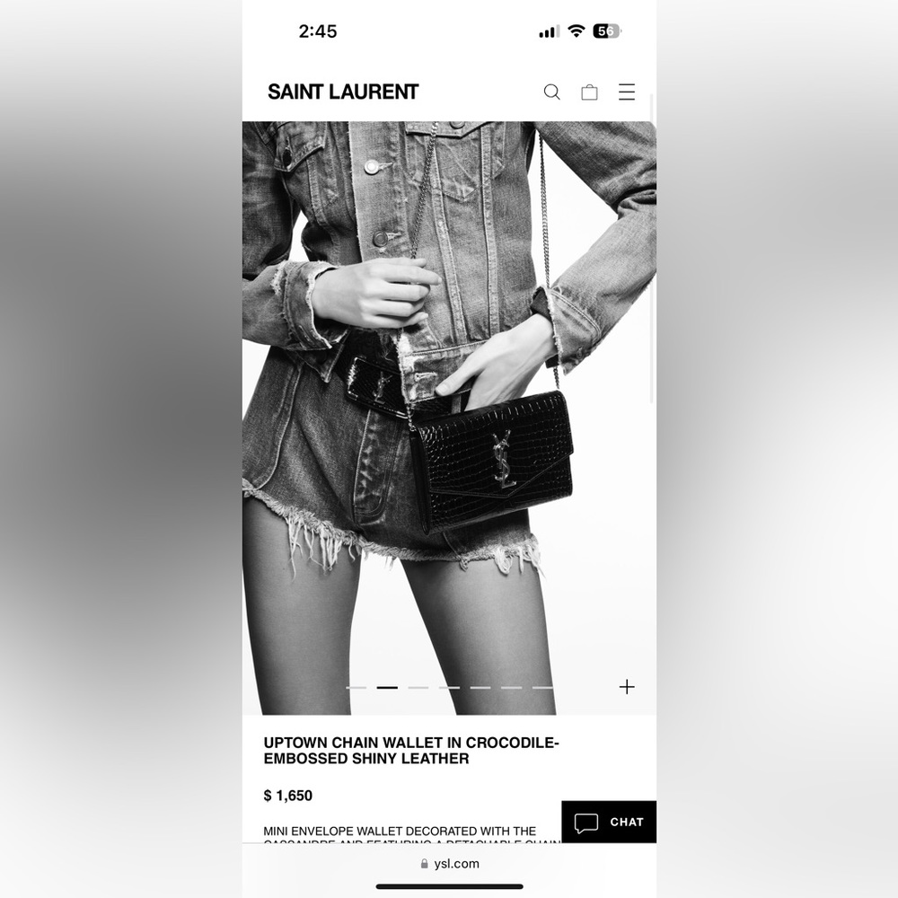 YSL Uptown Chain Wallet in Croc Embossed Leather and Silver Hardware